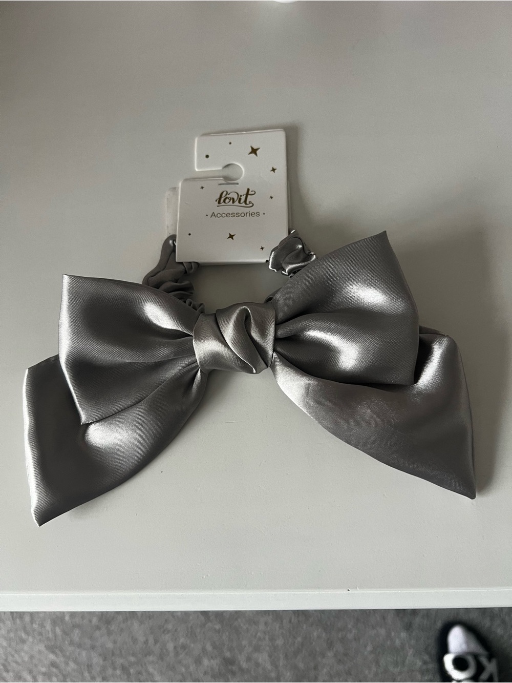 Silver Satin Bow Hair Scrunchie